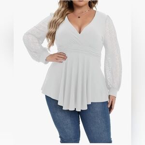 V-Neck Lace Sleeve Peplum Top - White.            W-20
